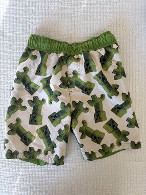 Minecraft Movie Swim Trunks Boys Medium Green Allover Creeper Print Board Short